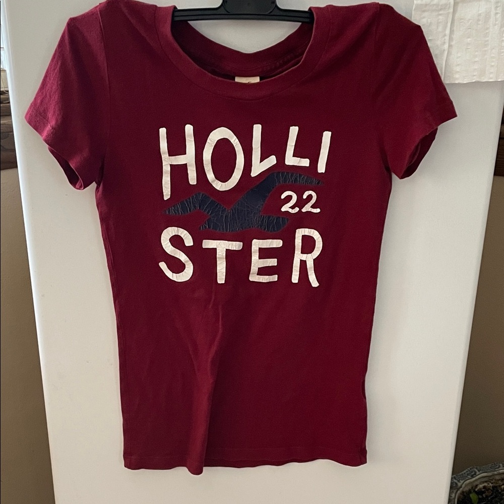 Hollister Maroon Tee with White and Navy Graphic